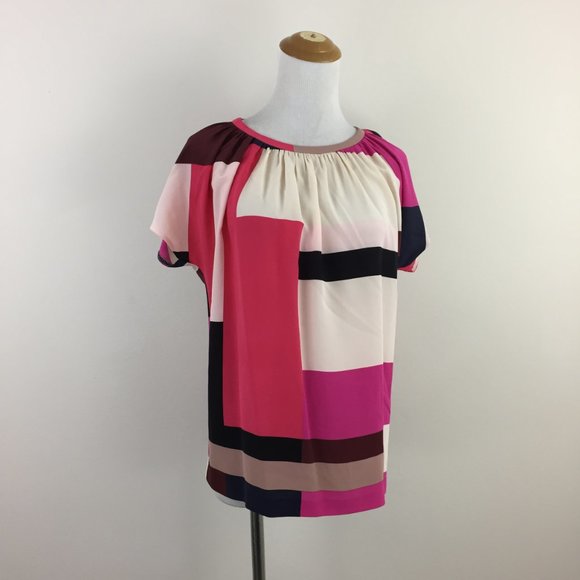 KATE SPADE Multi-Color Colorblock 100% Silk Tie Back Collar Short Sleeve Shirt - Picture 4 of 10